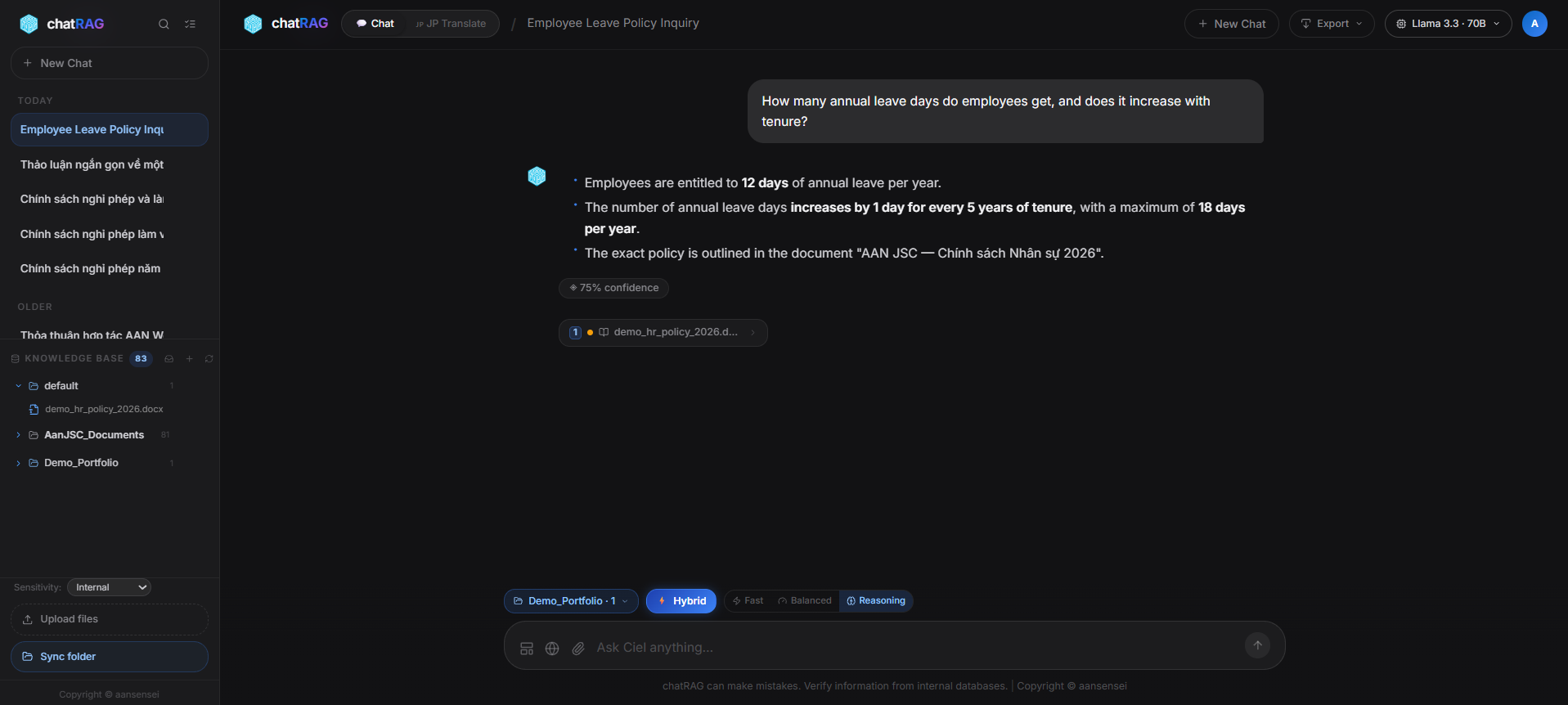 Ciel full interface showing the sidebar, conversation, and a cited answer