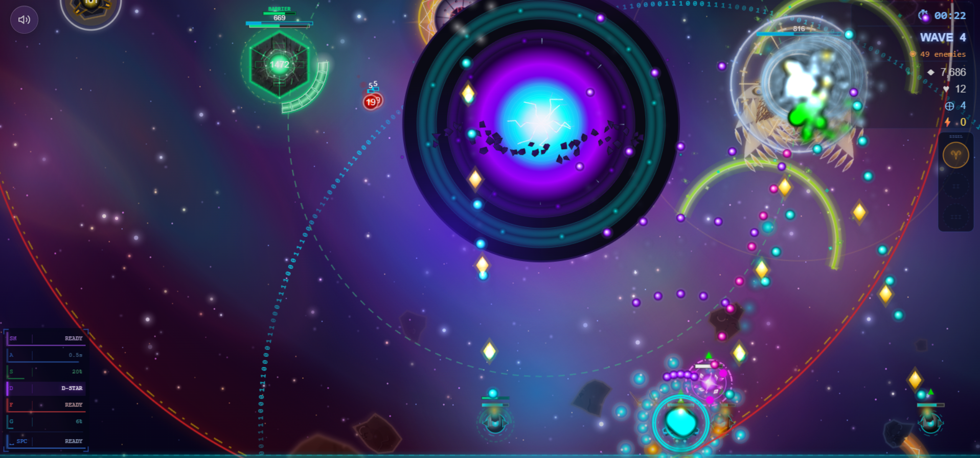 Gameplay scene with the player ship, enemies, and PixiJS visual effects